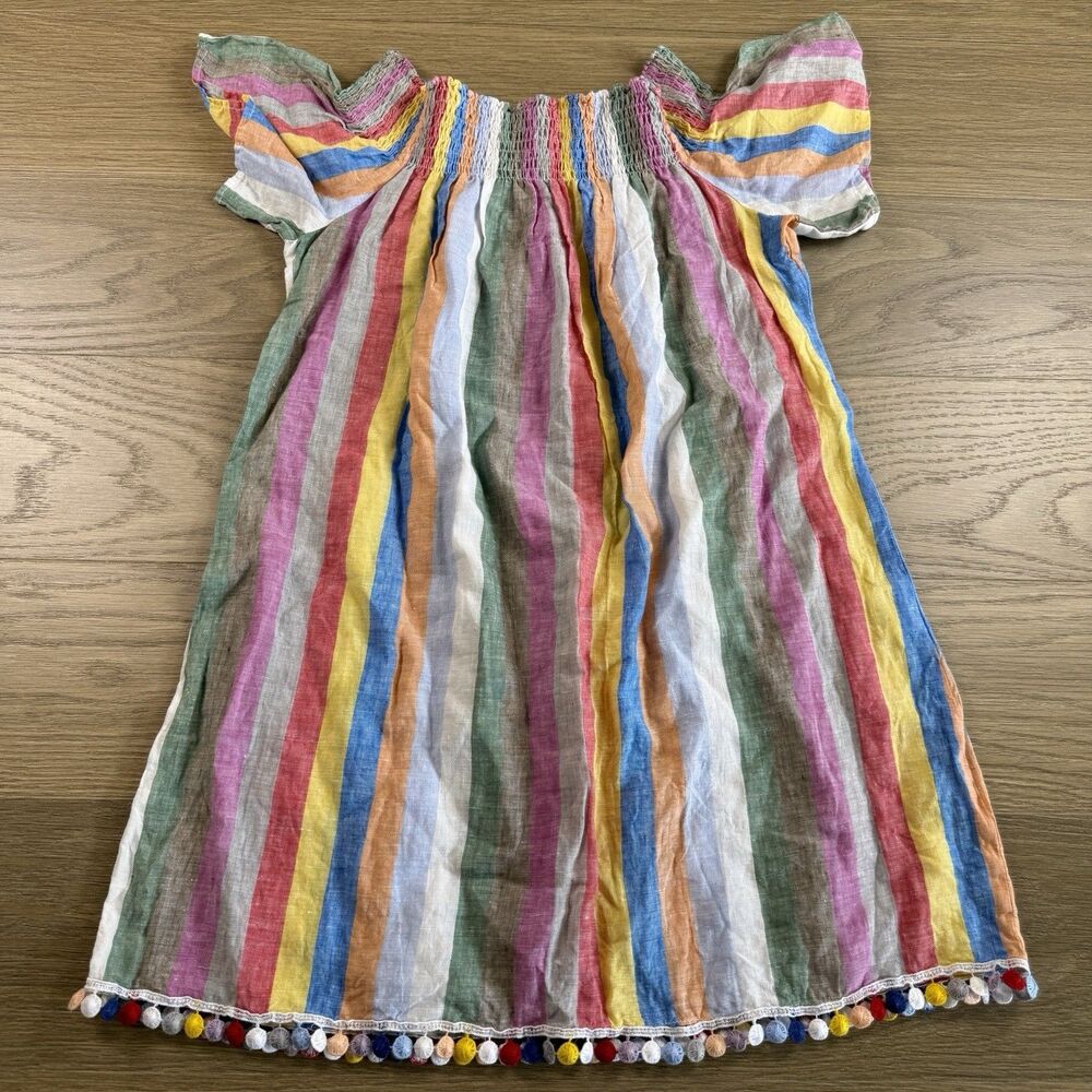 Positano Couture Top Women Small Linen Rainbow Stripe Pom Pom Trim